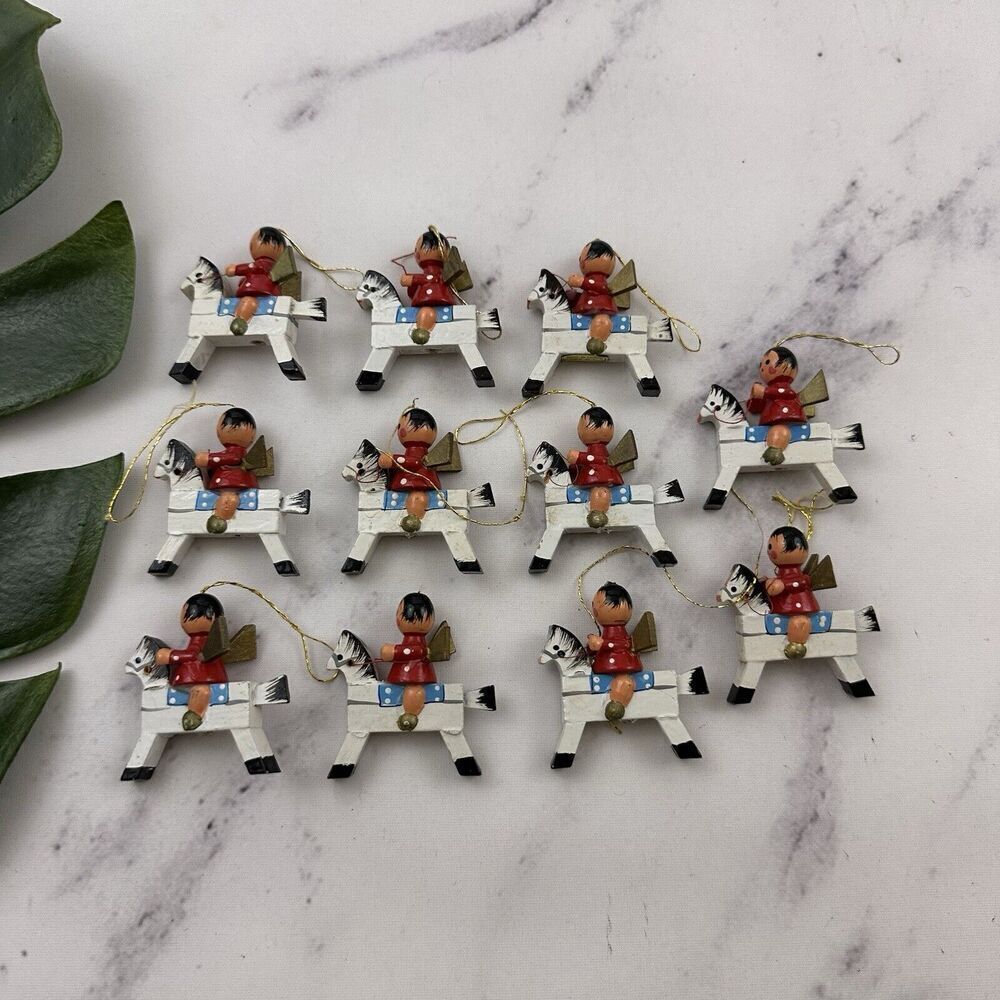Vintage Wood Mini Christmas Tree Ornament Set of 11 White Horses Angels